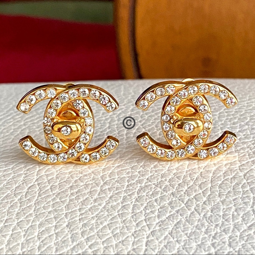 Chanel Vintage CC Turnlock Earrings w/ Crystals
